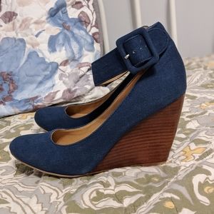 Navy ankle-strap wedges